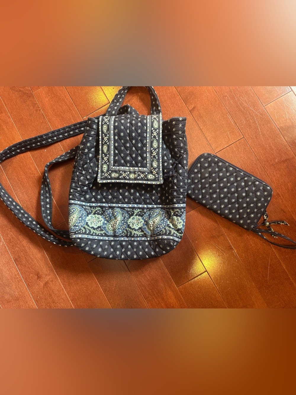 Vera Bradley Navy Quilted Paisley Backpack with Matching Wristlet